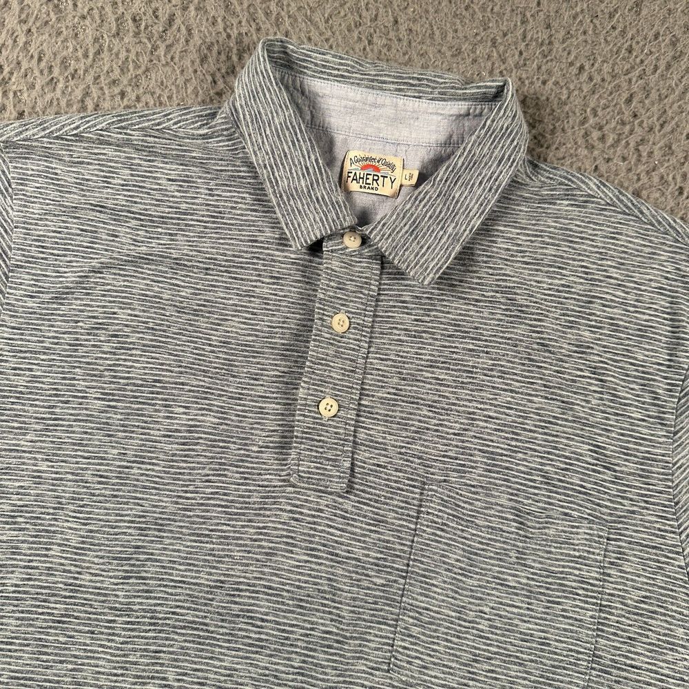 Faherty Isle Short Sleeve Polo‎ Shirt Men's Large Blue Striped Short Sleeve
